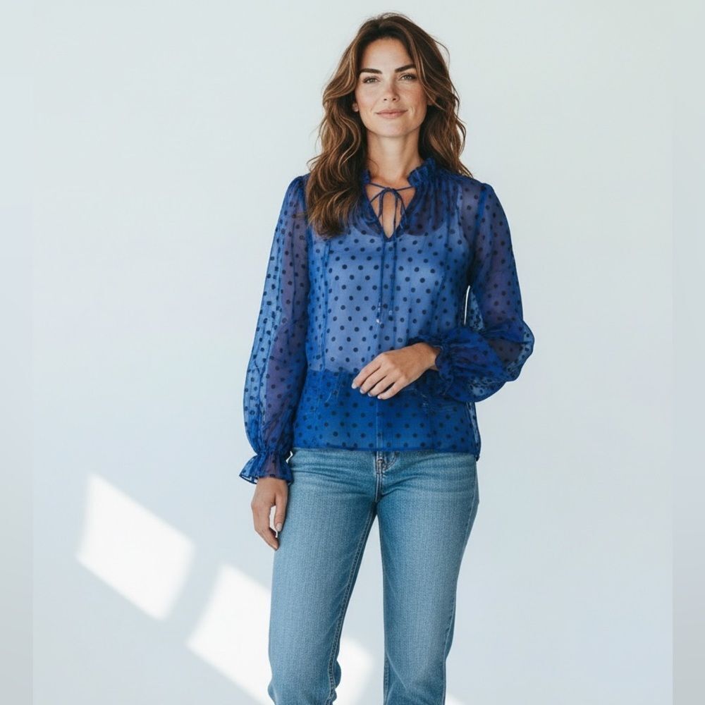 Nwot Bl^Nk London Anthropologieblue Polka Dot Sheer Long Sleeve Blouse - Size M